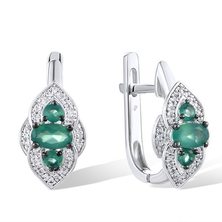 Sterling Silver w/ Black White Plating Earrings Green Chalcedony,White Cubic Zirconia (E306212GCWZSK925)
