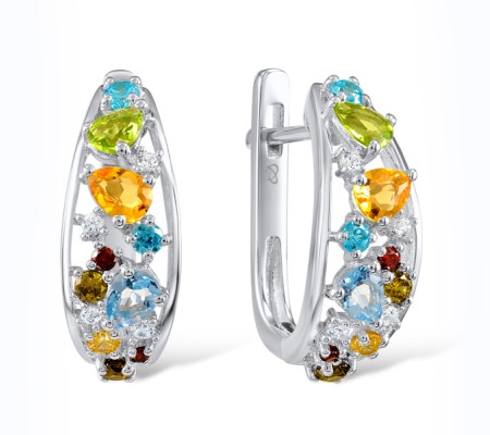 Sterling Silver Earrings Peridot,Blue Topaz (Swiss Blue),White Cubic Zirconia,Citrine,Garnet (E306271MULSL925)