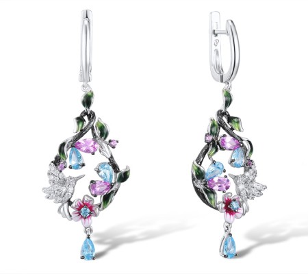 Sterling Silver w/ Black White Plating Earrings Blue Cubic Zirconia,Created Pink Sapphire,Enamel,White Cubic Zirconia (E306286ENASK925)
