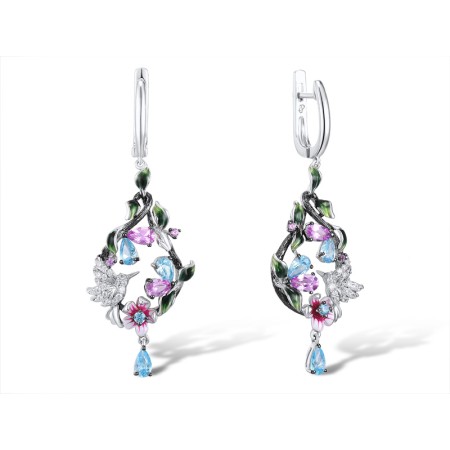 Sterling Silver w/ Black White Plating Earrings Blue Cubic Zirconia,Created Pink Sapphire,Enamel,White Cubic Zirconia (E306286ENASK925)