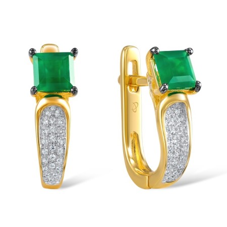 Sterling Silver w/ Yellow Plating Earrings Dyed Green Agate,White Cubic Zirconia (E306393GEZSY925)