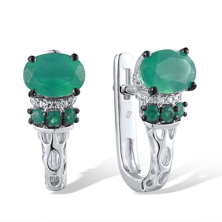 Sterling Silver w/ Black White Plating Earrings Dyed Green Agate,Green Chalcedony,White Cubic Zirconia (E306417GGRZSK925)