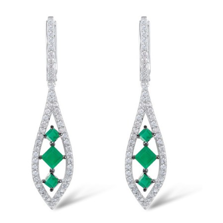 Sterling Silver w/ Black White Plating Earrings Dyed Green Agate,White Cubic Zirconia (E306487GEZSK925)