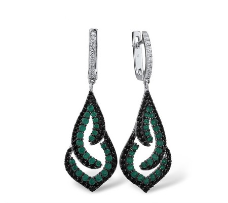 Sterling Silver Earrings Black spinel,Dyed Green Agate,White Cubic Zirconia (E306502GABZSL925)
