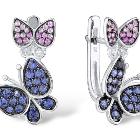 Sterling Silver w/ Black White Plating Earrings Created Pink Sapphire,White Cubic Zirconia,Blue Nano Cubic Zirconia (E306549SBPSZSK925)