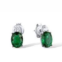 Sterling Silver w/ Black White Plating Earrings Green Glass,White Cubic Zirconia (E306653GRGZSK925)
