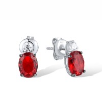Sterling Silver w/ Black White Plating Earrings Red Glass,White Cubic Zirconia (E306653REGZSK925)