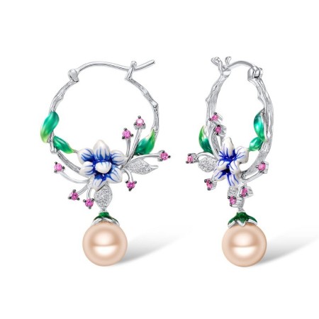 Sterling Silver Earrings Created Pink Sapphire,Enamel,Fresh Water Pink Pearl,White Cubic Zirconia (E306738ENASL925)