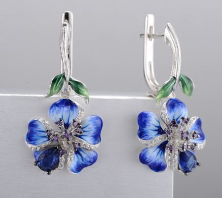 Sterling Silver w/ Black White Plating Earrings Amethyst Cubic Zirconia,Blue Glass,Enamel,White Cubic Zirconia (E306760ENA2SK925)