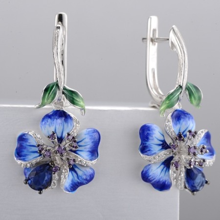 Sterling Silver w/ Black White Plating Earrings Amethyst Cubic Zirconia,Blue Glass,Enamel,White Cubic Zirconia (E306760ENA2SK925)