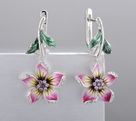 Sterling Silver w/ Black White Plating Earrings Created Pink Sapphire,Enamel,White Cubic Zirconia (E306762ENA1SK925)