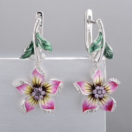 Sterling Silver w/ Black White Plating Earrings Created Pink Sapphire,Enamel,White Cubic Zirconia (E306762ENA1SK925)