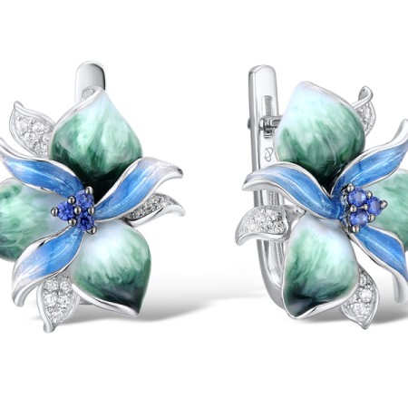 Sterling Silver w/ Black White Plating Earrings Blue Nano Cubic Zirconia,Enamel,White Cubic Zirconia (E306763AENA3SK925)