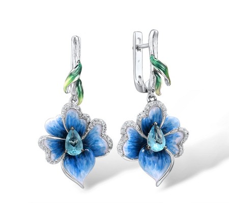 Sterling Silver w/ Black White Plating Earrings Blue Glass,Enamel,White Cubic Zirconia (E306764ENA1SK925)