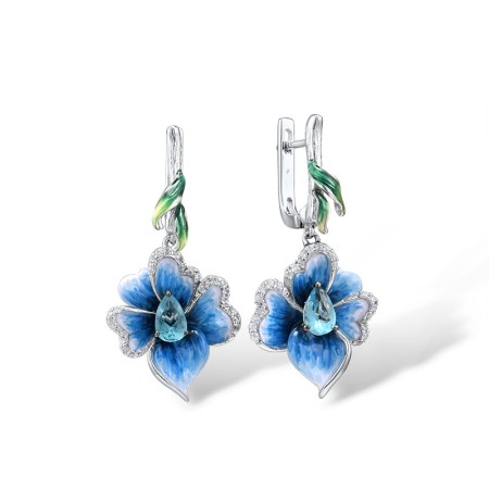 Sterling Silver w/ Black White Plating Earrings Blue Glass,Enamel,White Cubic Zirconia (E306764ENA1SK925)