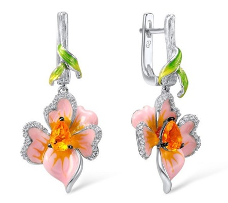 Sterling Silver Earrings Enamel,Orange Glass,White Cubic Zirconia (E306764ENASL925)