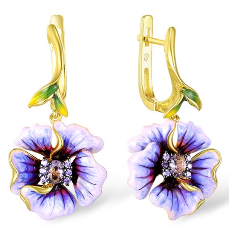 Sterling Silver w/ Yellow Black Plating Earrings Purple Glass,Dark Purple CZ,Enamel (E306765ENA1SC925)