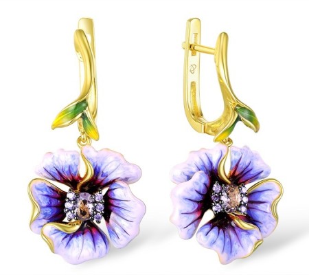 Sterling Silver w/ Yellow Plating Earrings Dark Purple CZ,Enamel,Purple Glass (E306765ENA1SY925)