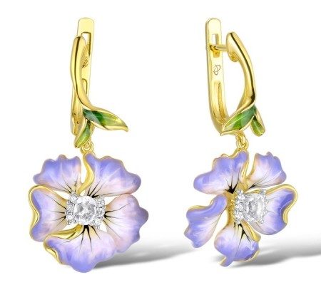 Sterling Silver w/ IONIC YELLOW PLATING Earrings Enamel,White Cubic Zirconia,White Glass (E306765ENA3SP925)