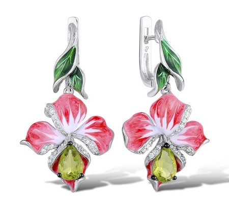 Sterling Silver w/ Black White Plating Earrings Enamel,Green Glass,White Cubic Zirconia (E306767ENA1SK925)