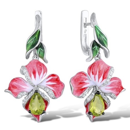 Sterling Silver w/ Black White Plating Earrings Enamel,Green Glass,White Cubic Zirconia (E306767ENA1SK925)