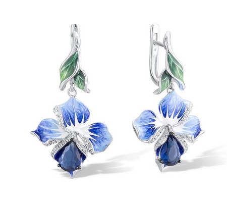 Sterling Silver w/ Black White Plating Earrings Blue Glass,Enamel,White Cubic Zirconia (E306767ENA2SK925)