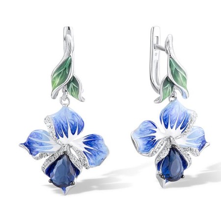 Sterling Silver w/ Black White Plating Earrings Blue Glass,Enamel,White Cubic Zirconia (E306767ENA2SK925)