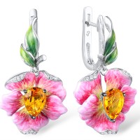 Sterling Silver w/ Black White Plating Earrings White Cubic Zirconia,Yellow Glass,Enamel (E306768ENA1SK925)