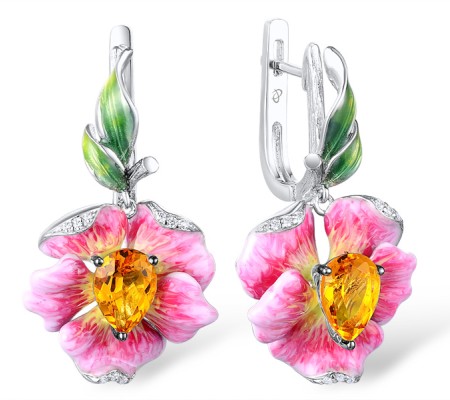 Sterling Silver w/ Black White Plating Earrings White Cubic Zirconia,Yellow Glass,Enamel (E306768ENA1SK925)