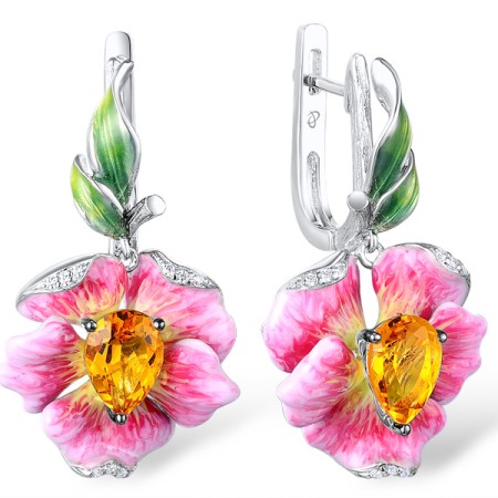 Sterling Silver Earrings Yellow Glass,Enamel,White Cubic Zirconia (E306768ENA1SL925)