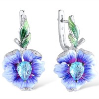 Sterling Silver w/ Black White Plating Earrings Blue Glass,Enamel,White Cubic Zirconia (E306768ENA4SK925)