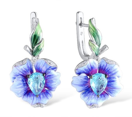 Sterling Silver w/ Black White Plating Earrings Blue Glass,Enamel,White Cubic Zirconia (E306768ENA4SK925)