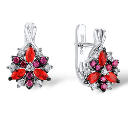 Sterling Silver w/ Black White Plating Earrings Red Glass,White Cubic Zirconia,Created Ruby (E306861CRRZSK925)