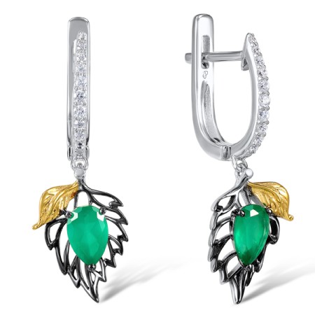 Sterling Silver w/ Yellow Black White Plating Earrings Dyed Green Agate,White Cubic Zirconia (E306931GEZSZ925)