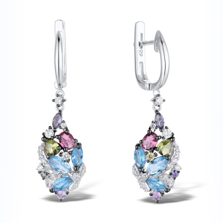 Sterling Silver w/ Black White Plating Earrings Yellow Cubic Zirconia,Pink Glass,Blue Glass,Purple Glass,Created Pink Sapphire,White Cubic Zirconia,Green Glass,Amethyst Cubic Zirconia (E306988MUL1SK925)