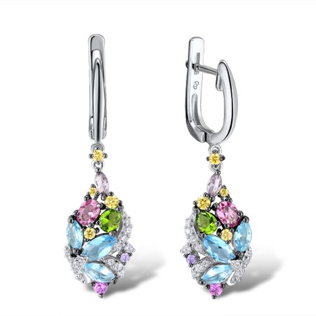 Sterling Silver w/ Black White Plating Earrings Purple Glass,Created Pink Sapphire,White Cubic Zirconia,Green Glass,Amethyst Cubic Zirconia,Yellow Cubic Zirconia,Pink Glass,Blue Glass (E306988MUL2SK925)