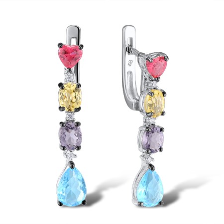 Sterling Silver w/ Black White Plating Earrings Yellow Glass,Pink Glass,Purple Glass,White Cubic Zirconia,Blue Glass (E307083MUL2SK925)