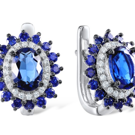 Sterling Silver w/ Black White Plating Earrings Blue Glass,Blue Nano Cubic Zirconia,White Cubic Zirconia (E307093BLNZSK925)