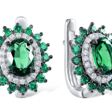 Sterling Silver w/ Black White Plating Earrings White Cubic Zirconia,Green Glass,Green Spinel (E307093GGNZSK925)