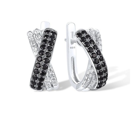 Sterling Silver w/ Black White Plating Earrings Synthetic Black Spinel,White Cubic Zirconia (E307283BSNZSK925)