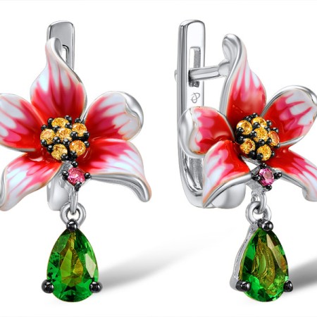 Sterling Silver w/ Black White Plating Earrings Green Glass,Yellow Cubic Zirconia,Created Pink Sapphire,Enamel (E307322ENASK925)