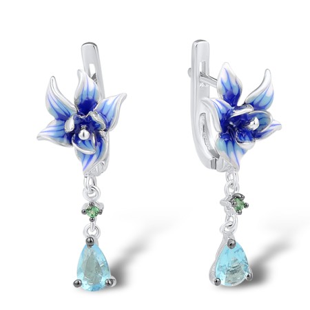 Sterling Silver w/ Black White Plating Earrings Enamel,Green Spinel,Blue Glass (E307327ENA1SK925)