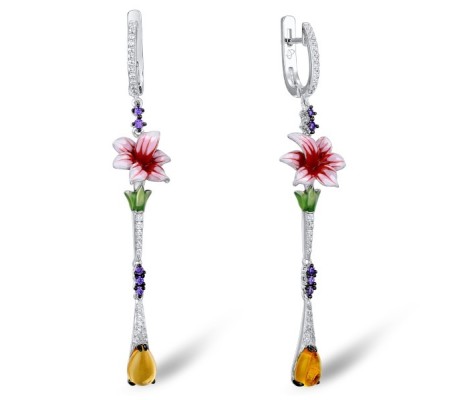 Sterling Silver Earrings Amethyst Cubic Zirconia,Enamel,White Cubic Zirconia,Yellow Glass (E307381ENASL925)