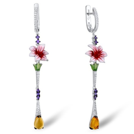 Sterling Silver Earrings Amethyst Cubic Zirconia,Enamel,White Cubic Zirconia,Yellow Glass (E307381ENASL925)