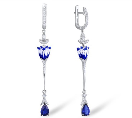 Sterling Silver Earrings Blue Glass,Enamel,White Cubic Zirconia (E307382ENASL925)