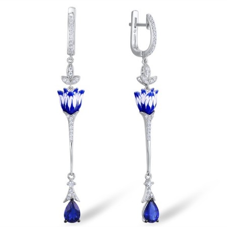Sterling Silver Earrings Blue Glass,Enamel,White Cubic Zirconia (E307382ENASL925)