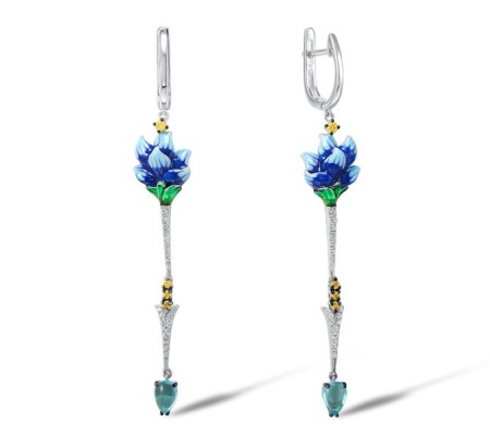 Sterling Silver Earrings Blue Glass,Enamel,White Cubic Zirconia,Yellow Nano Cubic Zirconia (Ci (E307383ENASL925)