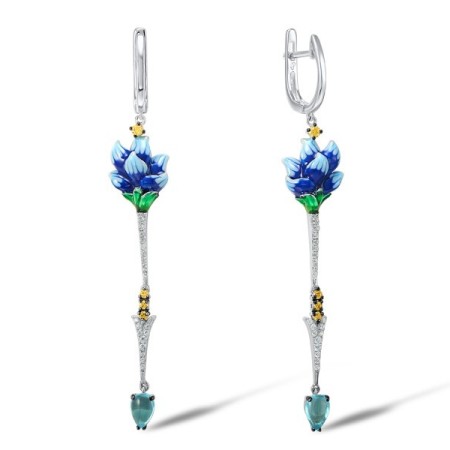 Sterling Silver Earrings Blue Glass,Enamel,White Cubic Zirconia,Yellow Nano Cubic Zirconia (Ci (E307383ENASL925)