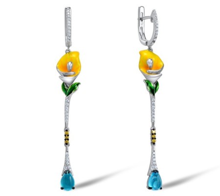 Sterling Silver Earrings Blue Glass,Enamel,White Cubic Zirconia,Yellow Cubic Zirconia (E307386ENASL925)