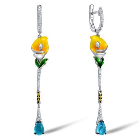 Sterling Silver Earrings Blue Glass,Enamel,White Cubic Zirconia,Yellow Cubic Zirconia (E307386ENASL925)